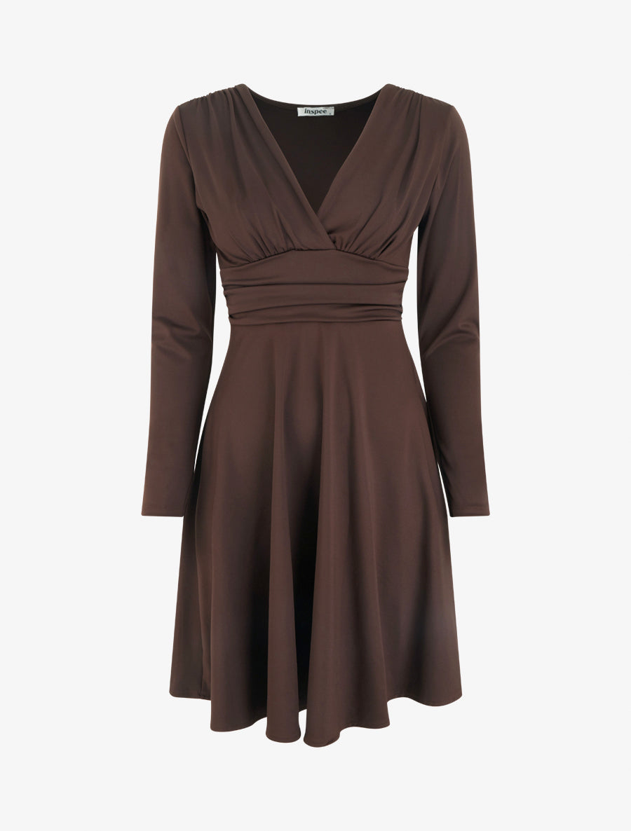 Robe patineuse manches longues à taille plissée - Marron - 1