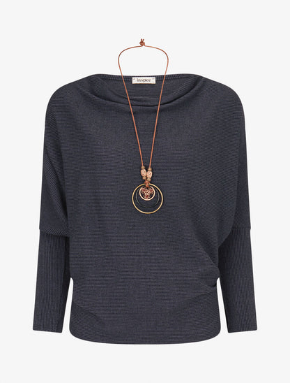 Pull côtelé avec sautoir - Marine - 1