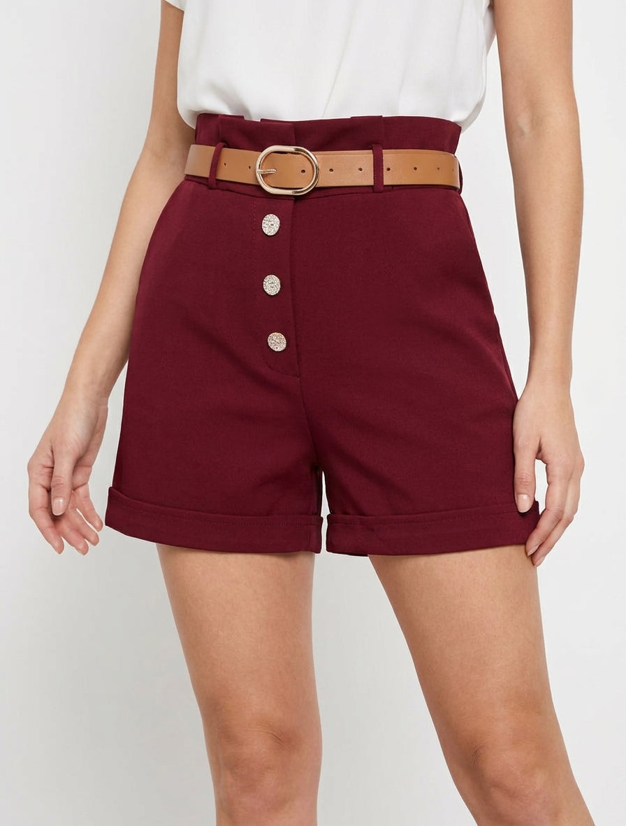 Kurze Paperbag-Shorts mit dekorativen Knöpfen - Bordeaux