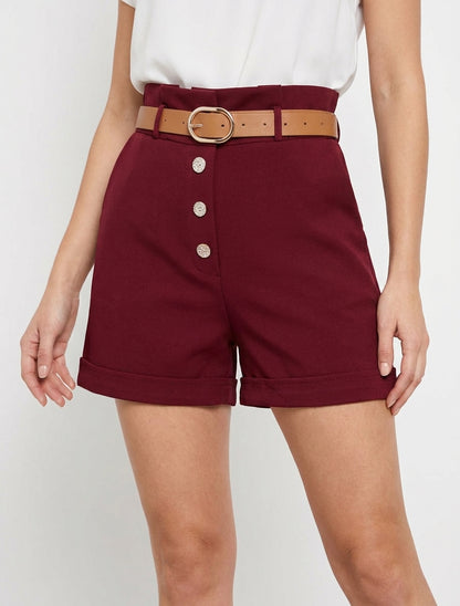 Kurze Paperbag-Shorts mit dekorativen Knöpfen - Bordeaux