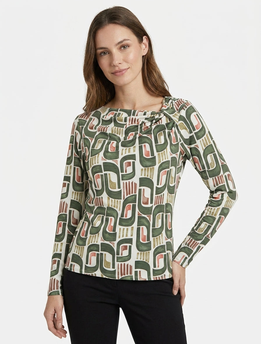 Retro bedrucktes Langarm-Top - Kaki
