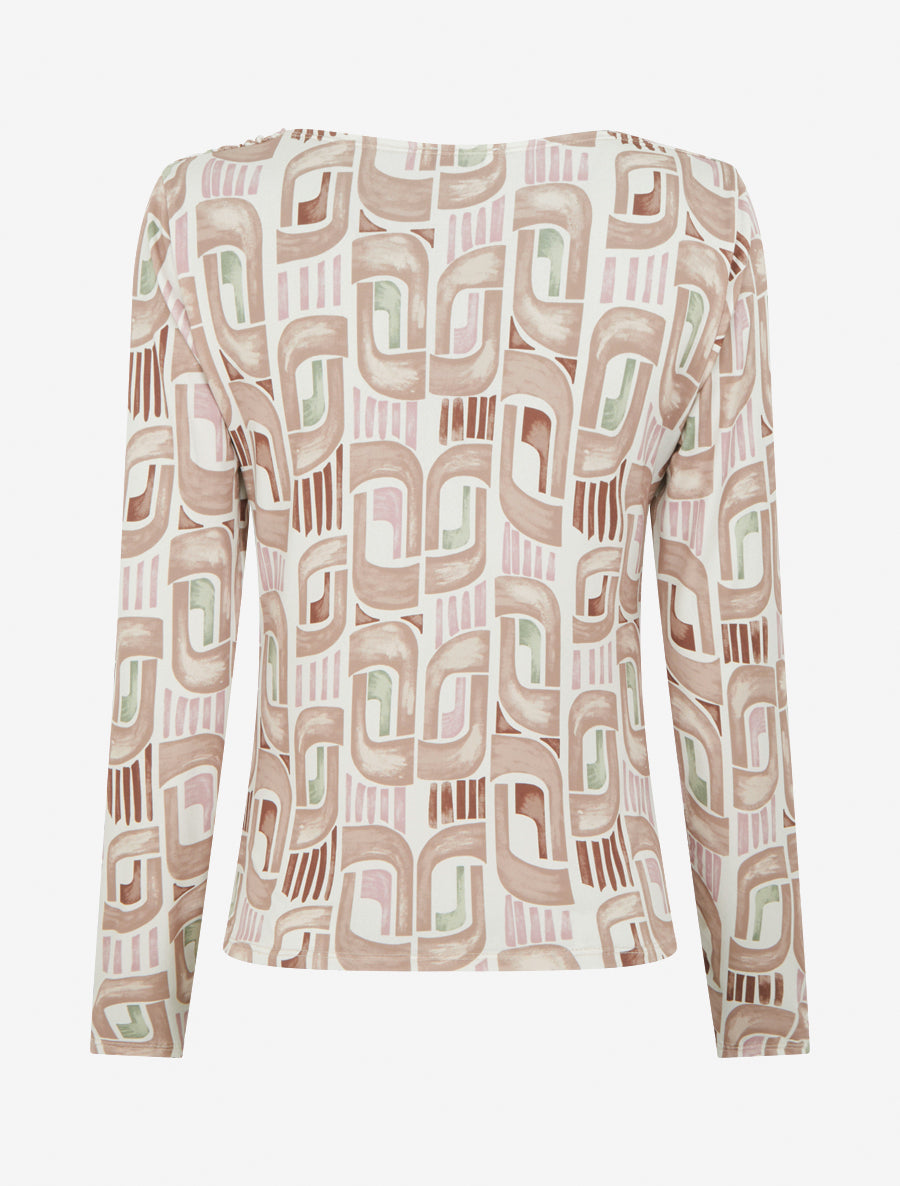 Top imprimé rétro à manches longues - Beige - 2