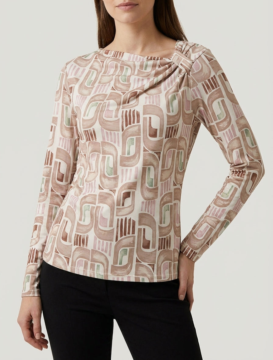 Retro bedrucktes Langarm-Top - Beige
