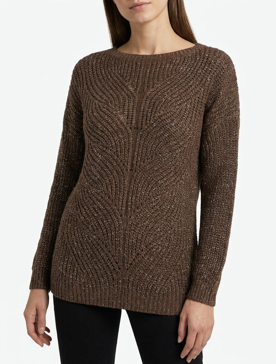 Gerader Pullover aus schimmerndem Strick mit U-Boot-Ausschnitt - Braun