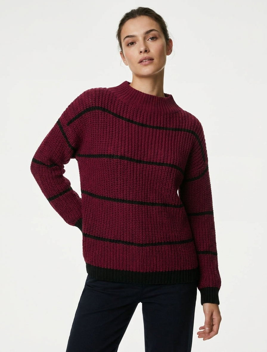Gerader Pullover mit Stehkragen und Streifen - Weinrot