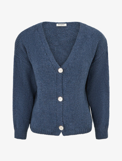 Gilet ample en maille épaisse à col V - Bleu - 1