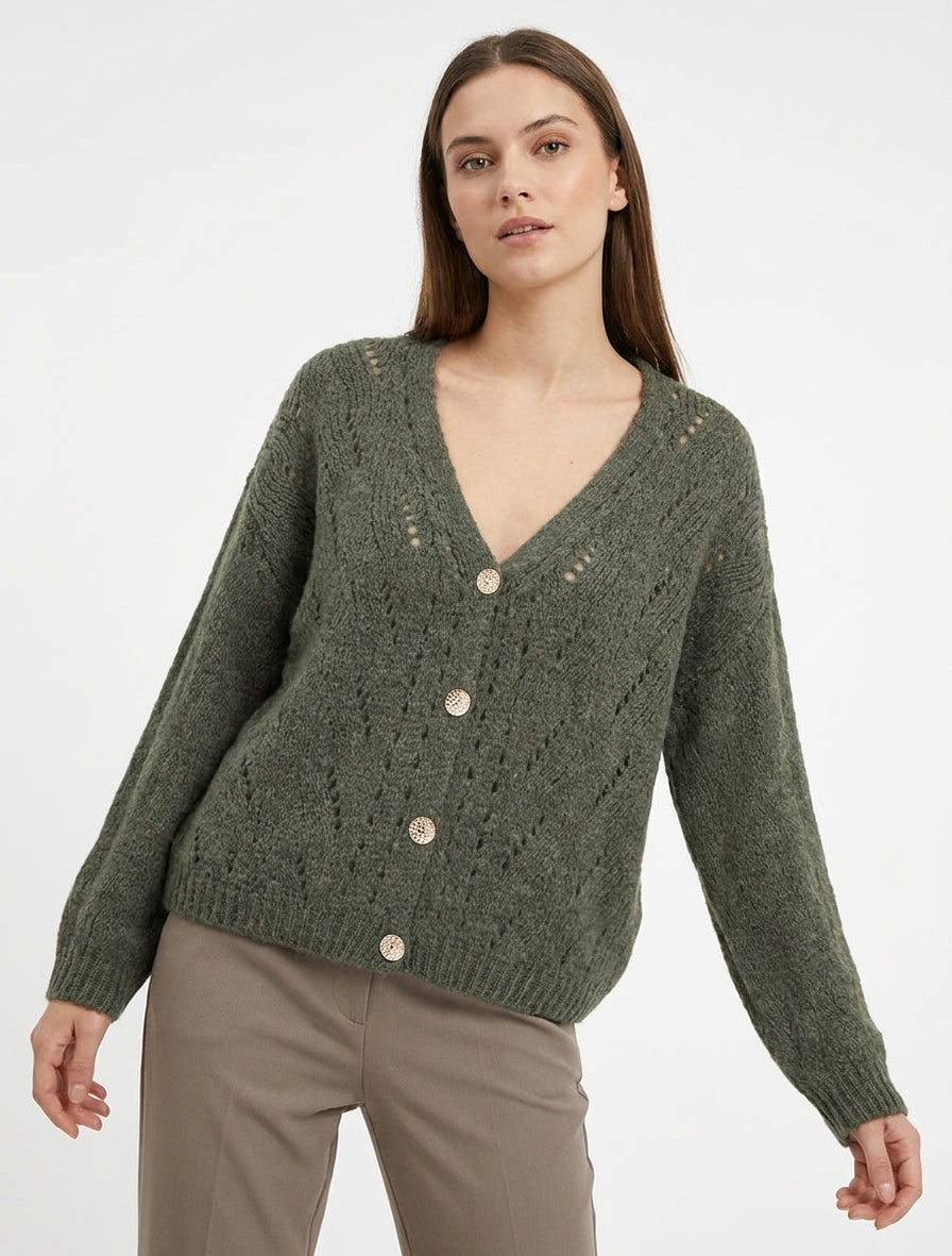 Weit geschnittener Strickpullover mit V-Ausschnitt und Lochmuster - Kaki
