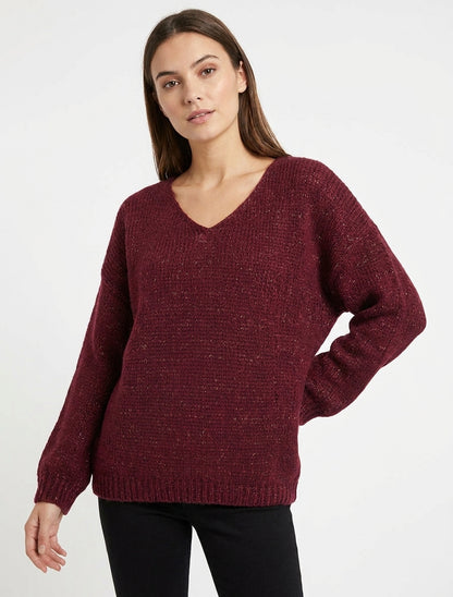 Weit geschnittener, irisierender V-Ausschnitt-Pullover - Weinrot