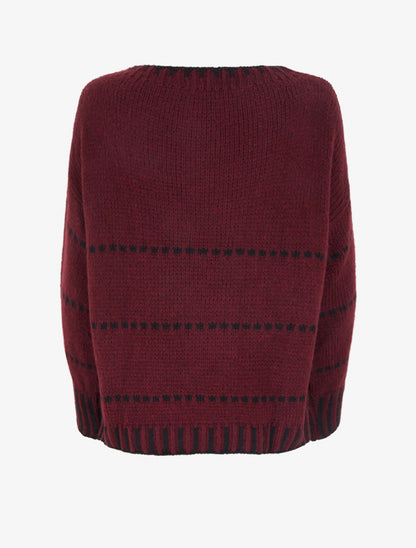 Pull coupe carrée à rayures style pointillé - Lie de vin - 2