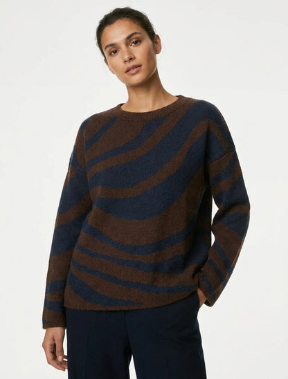 Quadratisch geschnittener Pullover mit Zebramuster - Marine