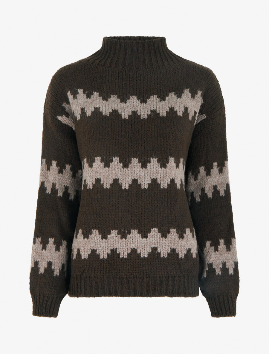 Pull ample à col montant et motif graphique - Marron - 1