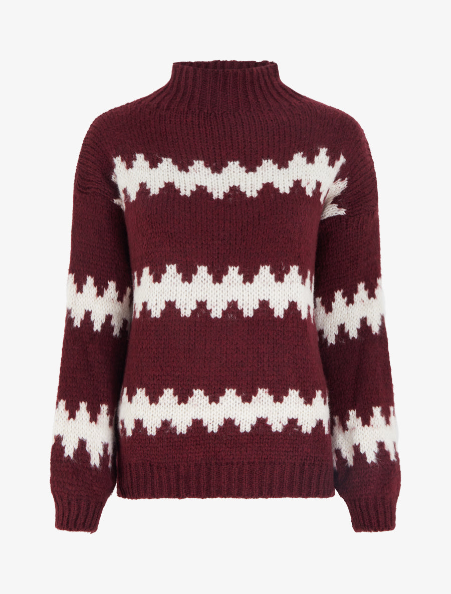 Pull ample à col montant et motif graphique - Lie de vin - 1