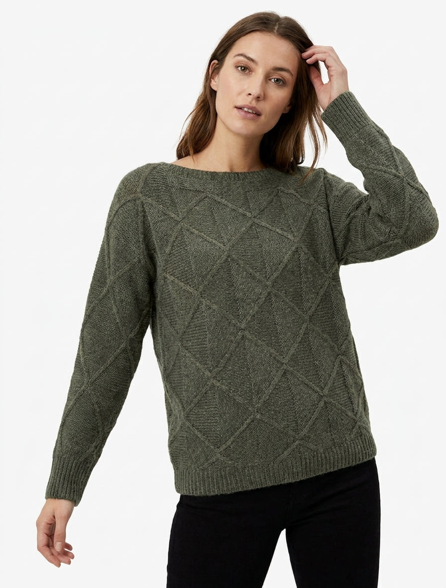 Pullover mit U-Boot-Ausschnitt aus Strick mit Karo-Effekt - Kaki
