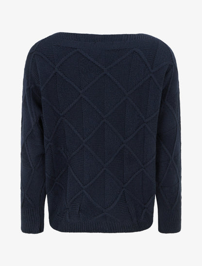 Pull à col bateau en maille effet quadrillé - Marine - 2