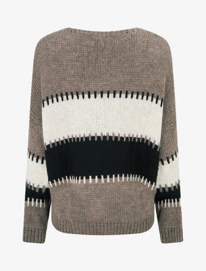 Pull ample à col V et rayures stylisées - Taupe - 2