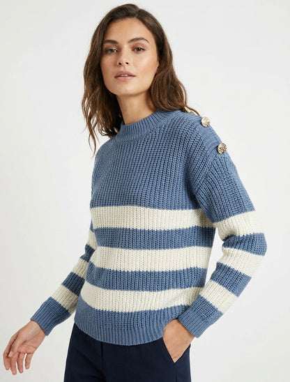 Gestreifter Pullover mit dekorativen Knöpfen - Blaues Wagenrad