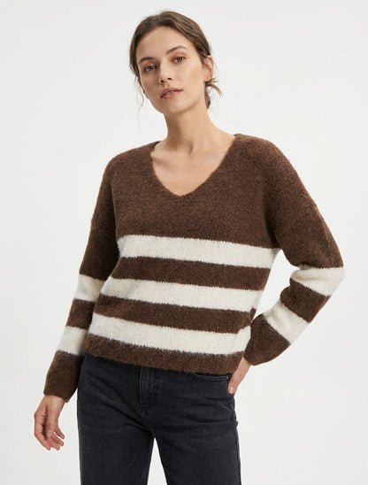 Gestreifter Pullover aus Wollmischung mit V-Ausschnitt - Braun