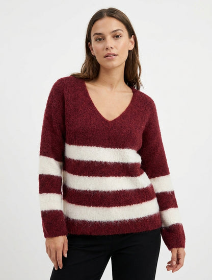 Gestreifter Pullover aus Wollmischung mit V-Ausschnitt - Bordeaux