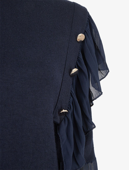 Pull fin à épaules ornées de voile - Marine - 3