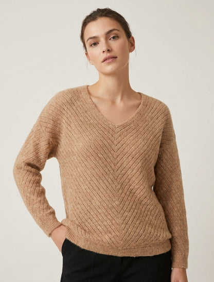 Weit geschnittener Pullover aus Wollmischung mit V-Ausschnitt - Kamel
