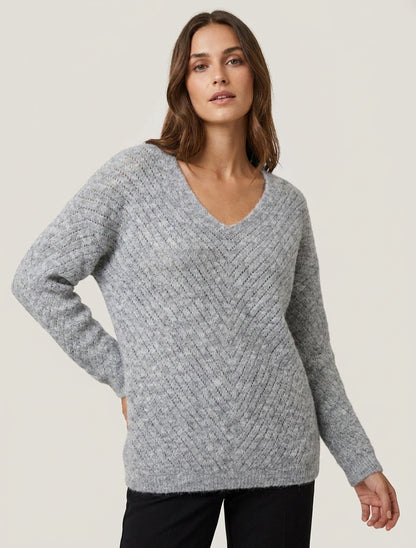 Weit geschnittener Pullover aus Wollmischung mit V-Ausschnitt - Grau