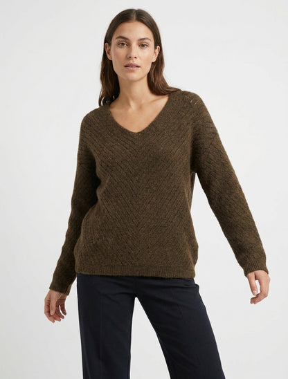 Weit geschnittener Pullover aus Wollmischung mit V-Ausschnitt - Braun