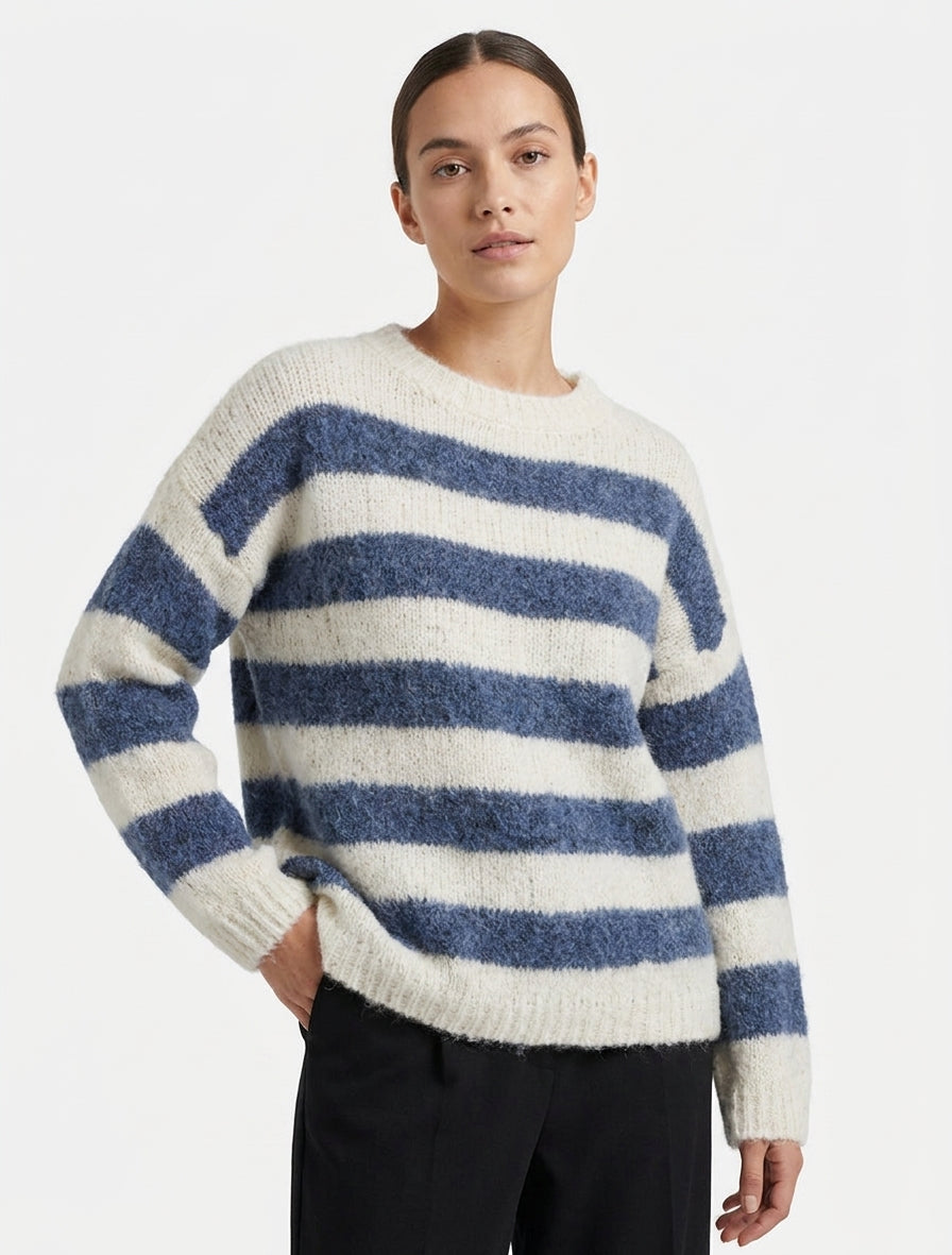 Weit geschnittener gestreifter Pullover aus Wollmischung - Blau