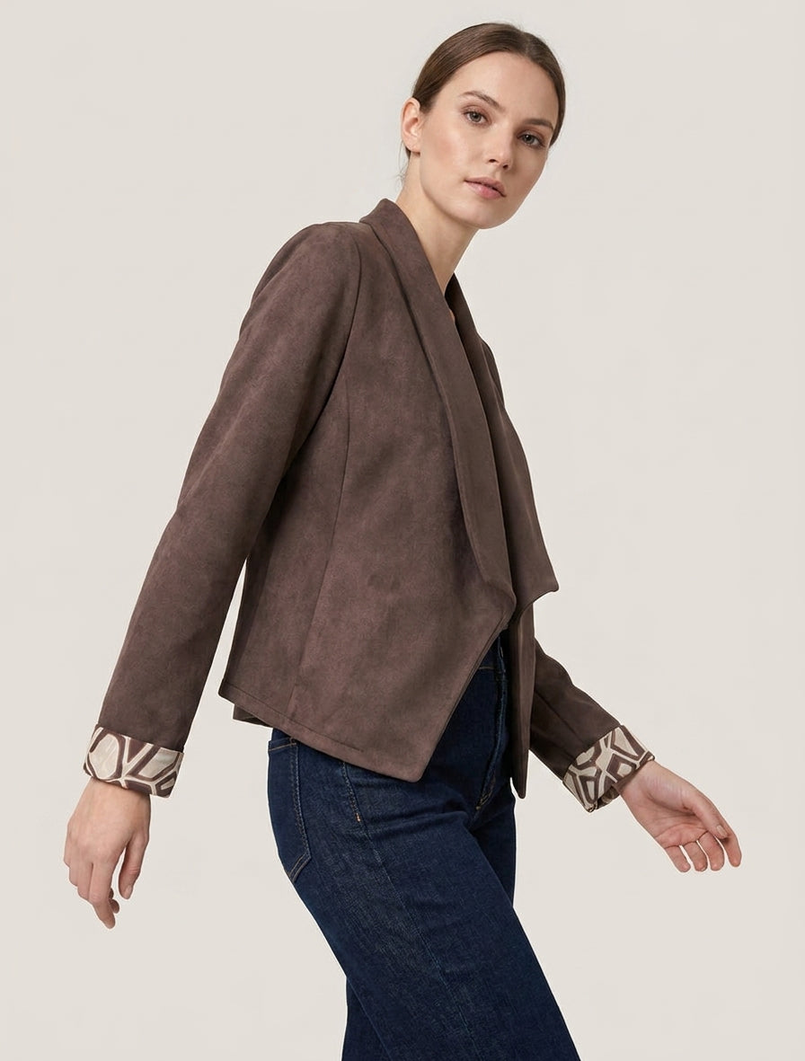 Wildlederjacke mit umgeschlagenen bedruckten Manschetten - Braun