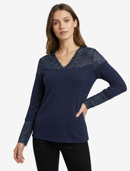 Feiner Pullover mit V-Ausschnitt und Spitzenbündchen - Marine