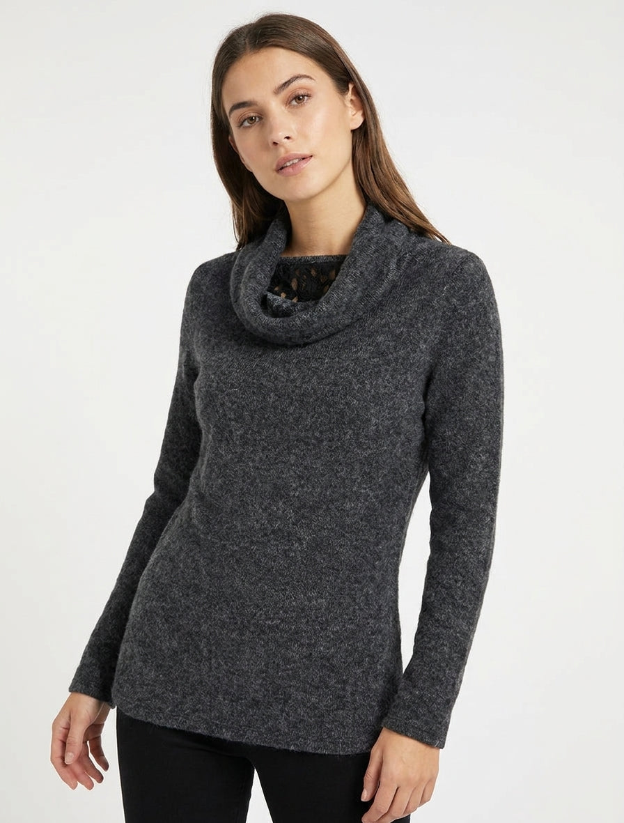 Flauschiger Pullover mit Wasserfallausschnitt und Spitzeneinsatz - Dunkelgrau