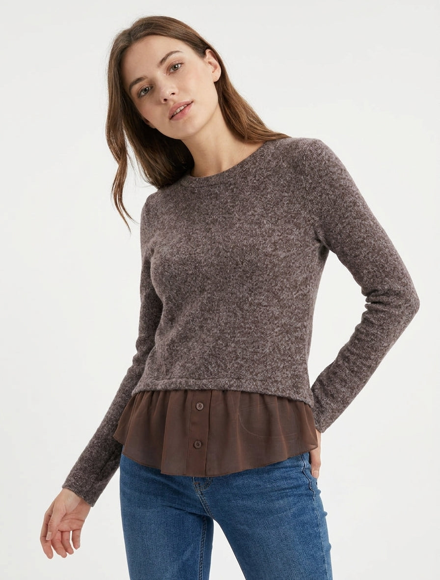 Gerader flauschiger Pullover mit Segelrand - Braun