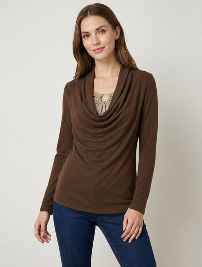 Gerader Pullover mit doppeltem Effekt, Wasserfallausschnitt und Schmuck. - Braun/Beige