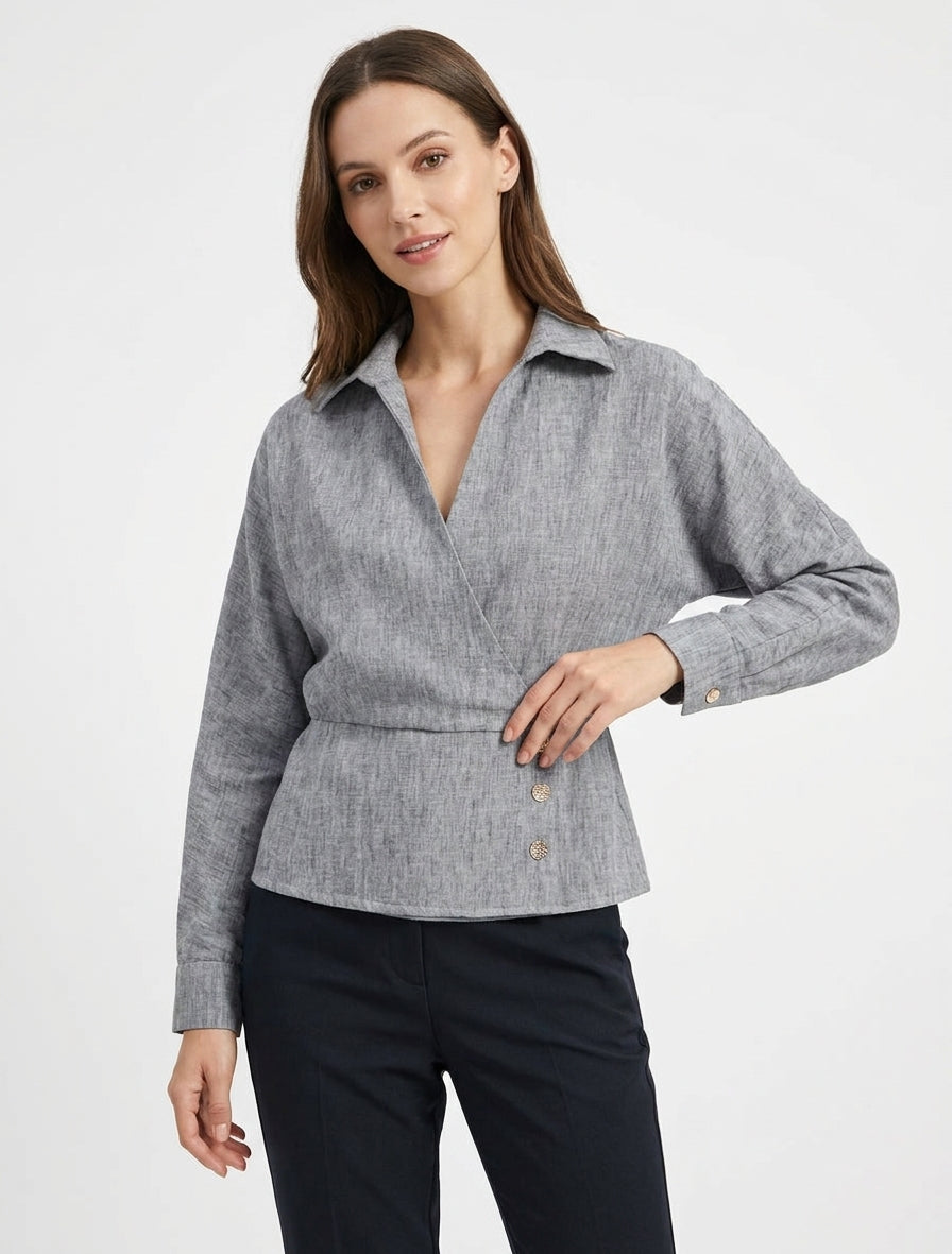 Elastische Bluse mit Wickelausschnitt - Meliertes Schwarz