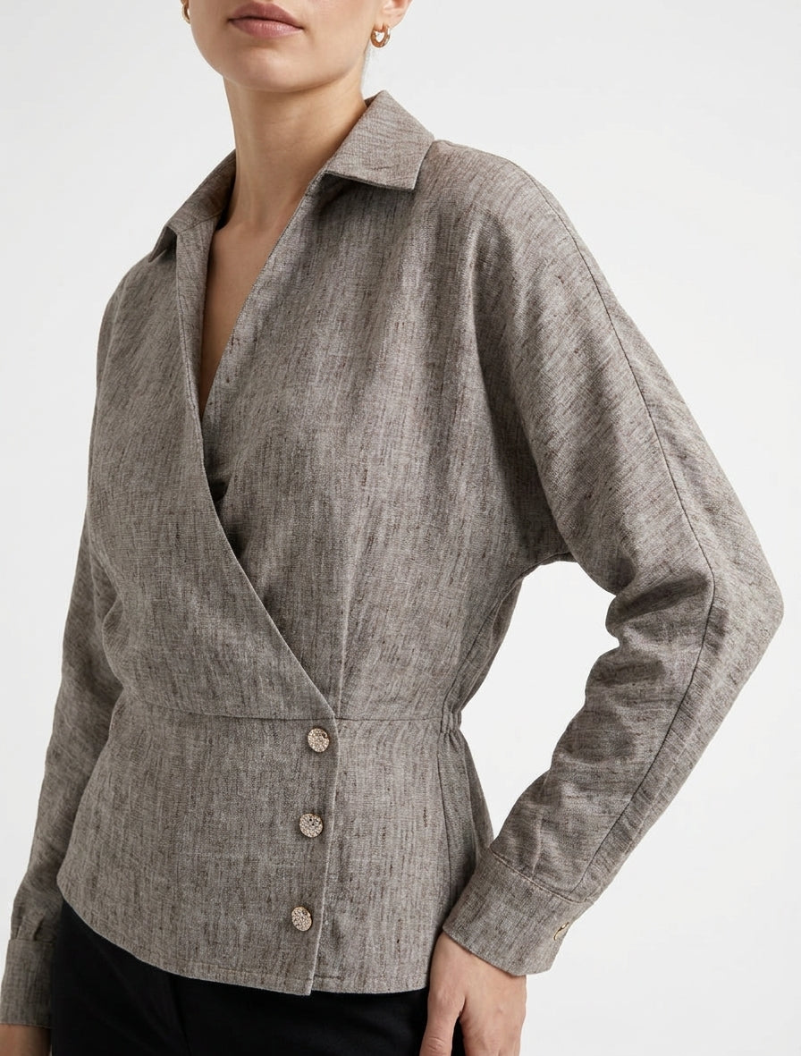 Elastische Bluse mit Wickelausschnitt - Meliertes Braun