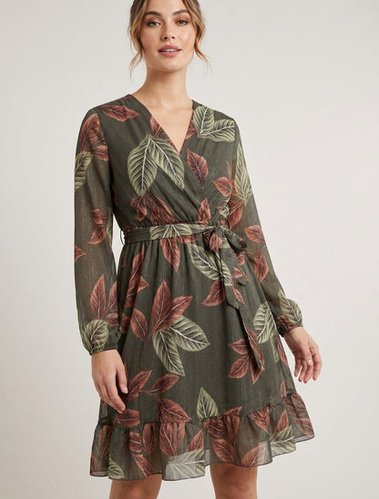 Irisierendes Kleid mit Blätterdruck und Rüschenkanten - Kaki