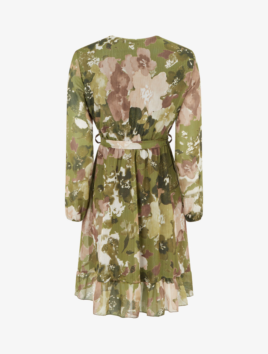 Robe irisée à imprimé fleurs abstraites et bords volantés - Kaki - 2