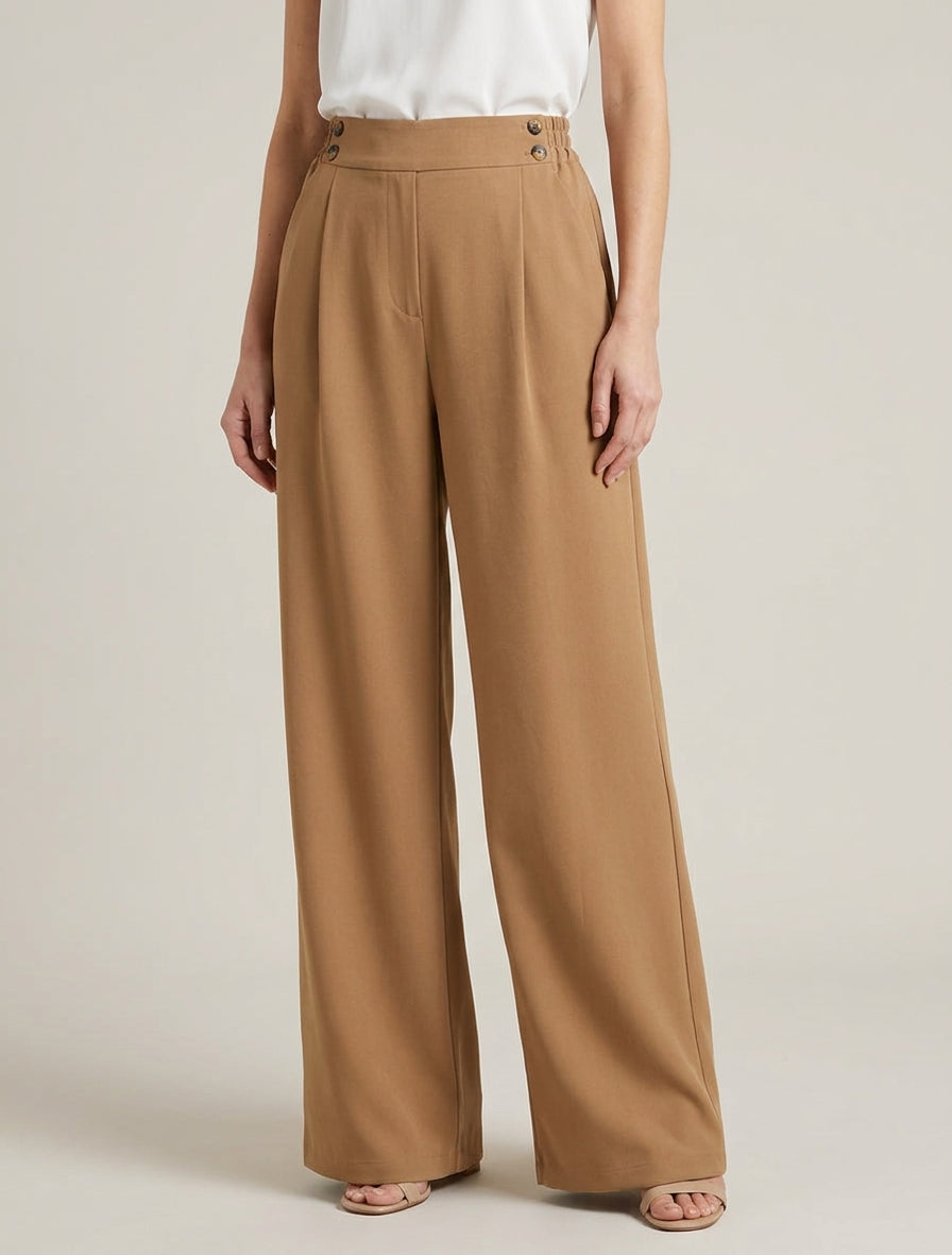 Weite Hose mit hoher Taille und Knöpfen - Kamel