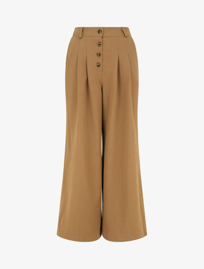 Pantalon ample à taille haute élastiquée et boutonnée - Camel - 1