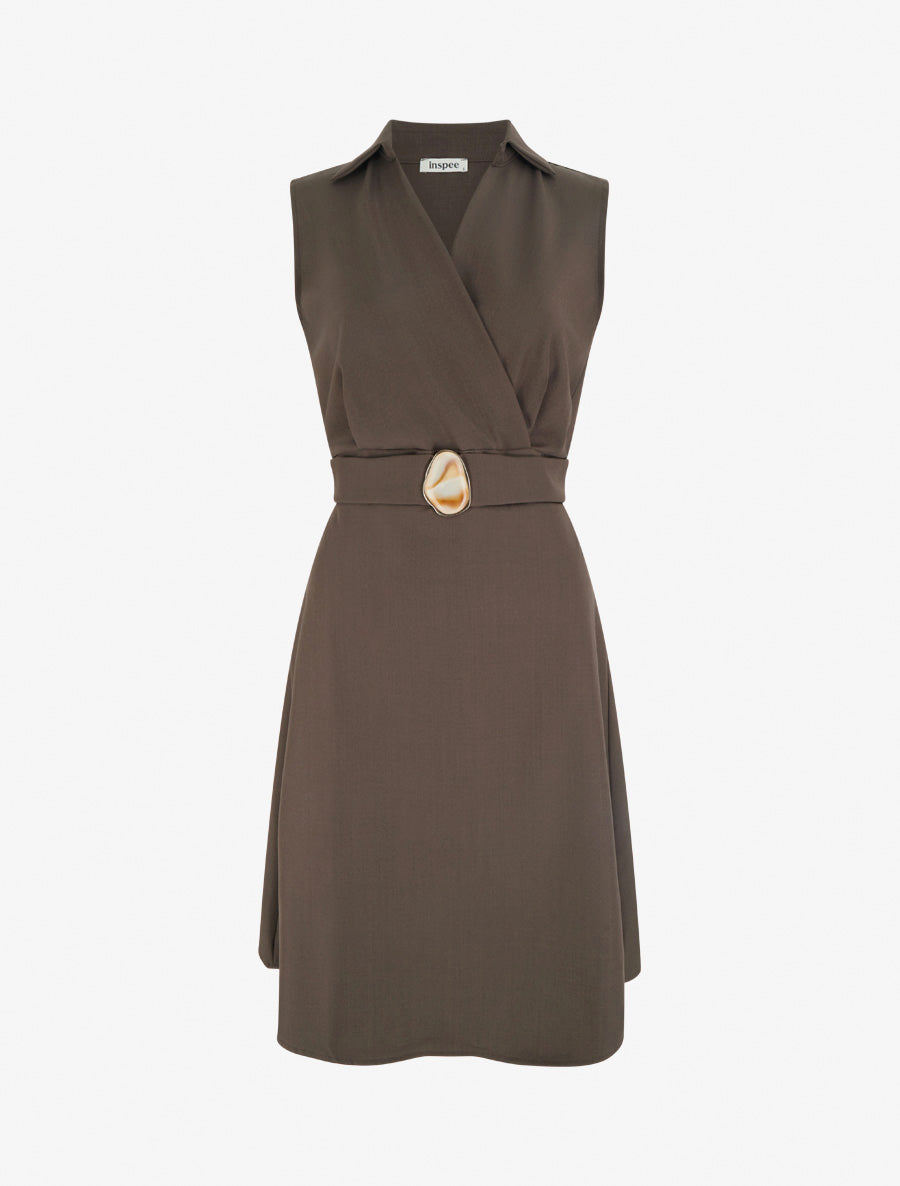 Robe patineuse sans manches à ceinture bijou - Marron - 1