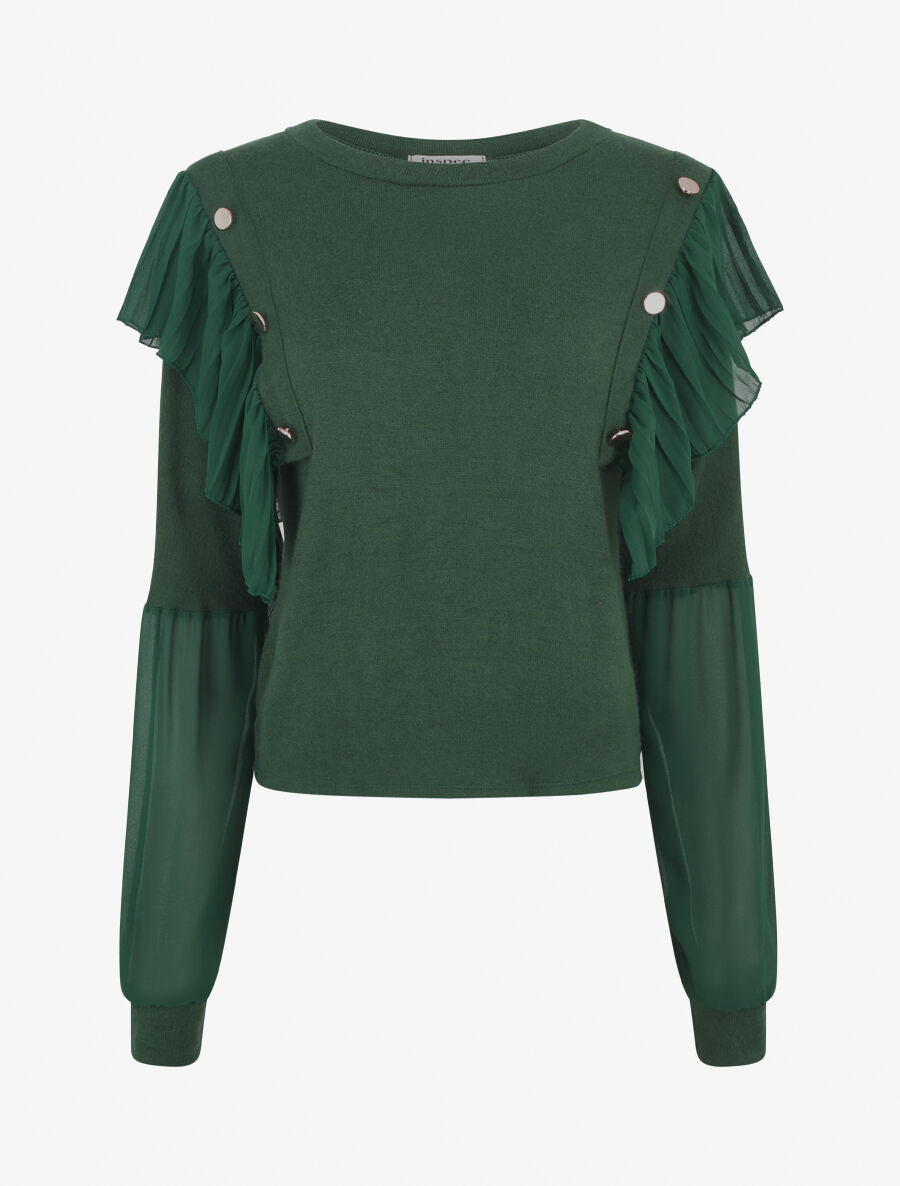 Pull fin à épaules ornées de voile - Vert foncé - 4