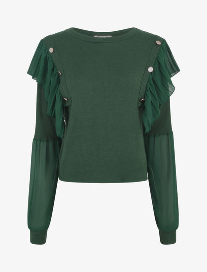 Pull fin à épaules ornées de voile - Vert foncé - 4