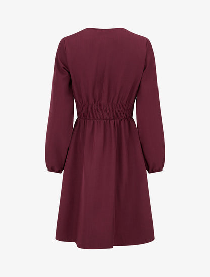 Robe évasée unie à manches longues et dentelle - Lie de vin - 2