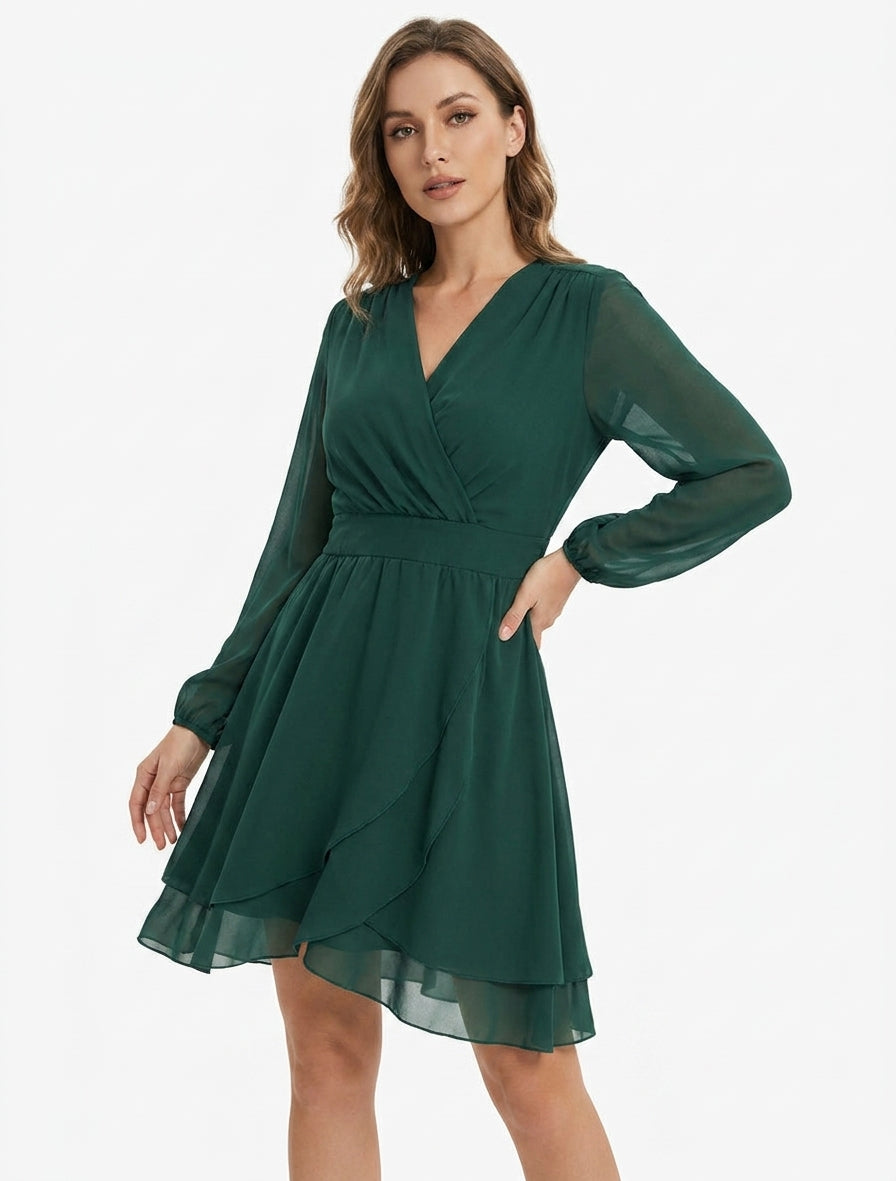 Unifarbenes Wickelkleid mit langen Ärmeln - Dunkelgrün