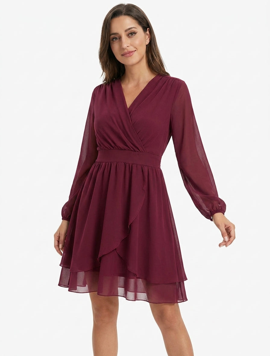 Unifarbenes Wickelkleid mit langen Ärmeln - Weinrot