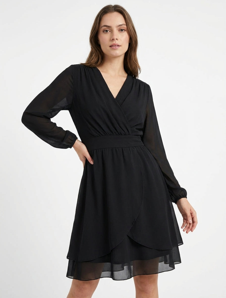 Unifarbenes Wickelkleid mit langen Ärmeln - Schwarz
