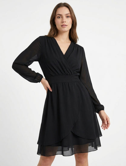 Unifarbenes Wickelkleid mit langen Ärmeln - Schwarz