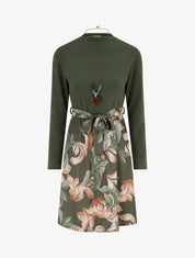 Robe bimatière à imprimé feuillage stylisé - Kaki - 1