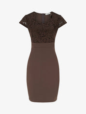 Robe moulante à buste en dentelle et manches courtes - Marron - 1
