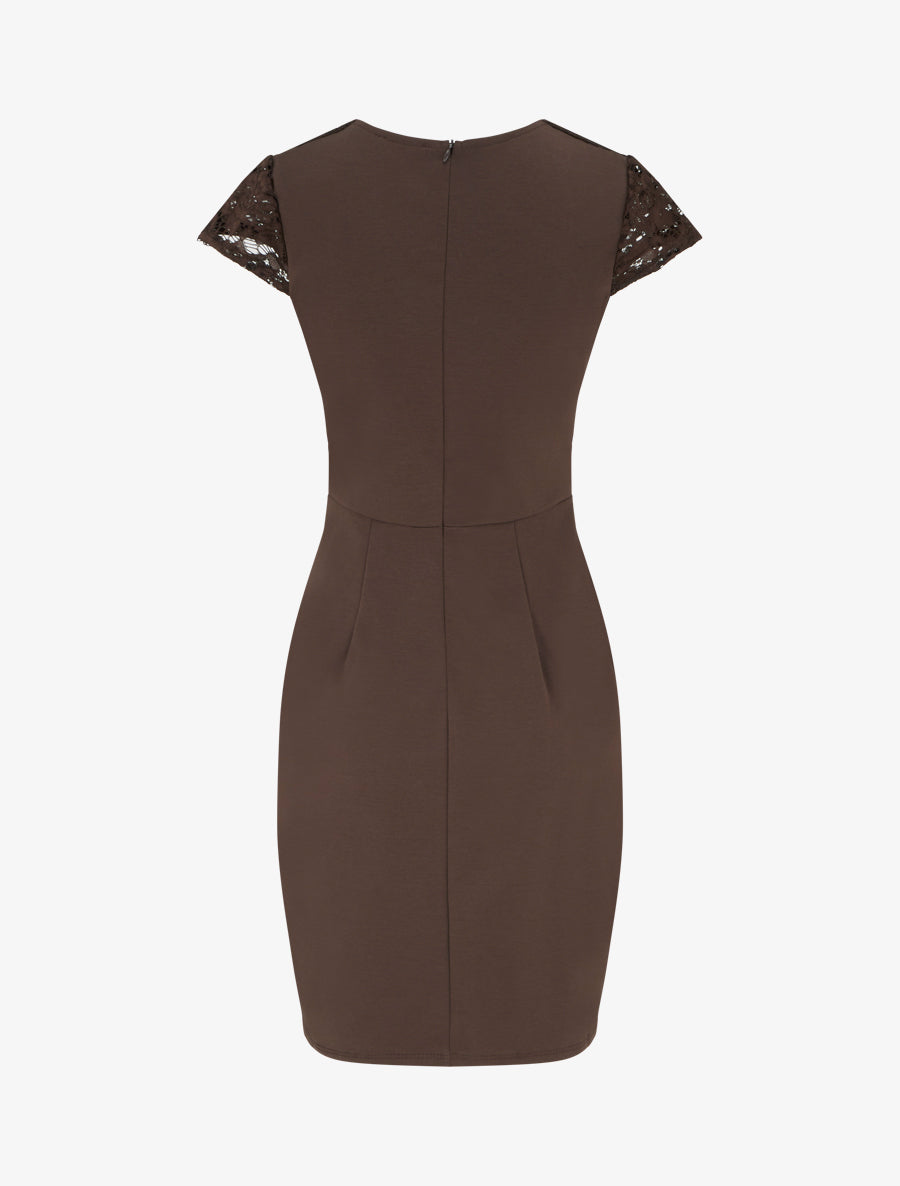 Robe moulante à buste en dentelle et manches courtes - Marron - 2
