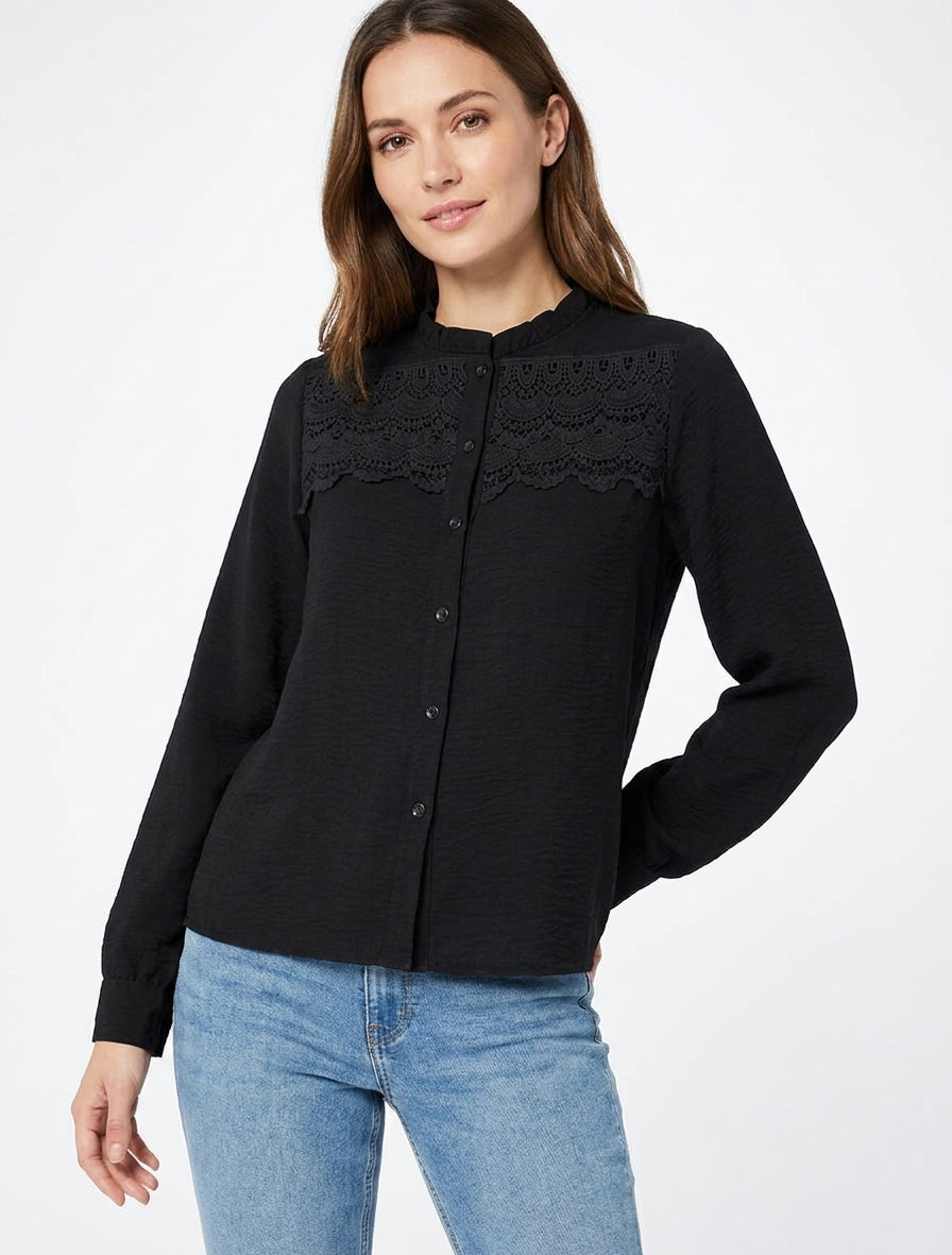 Bluse mit Rüschen-Stehkragen und Spitze - Schwarz